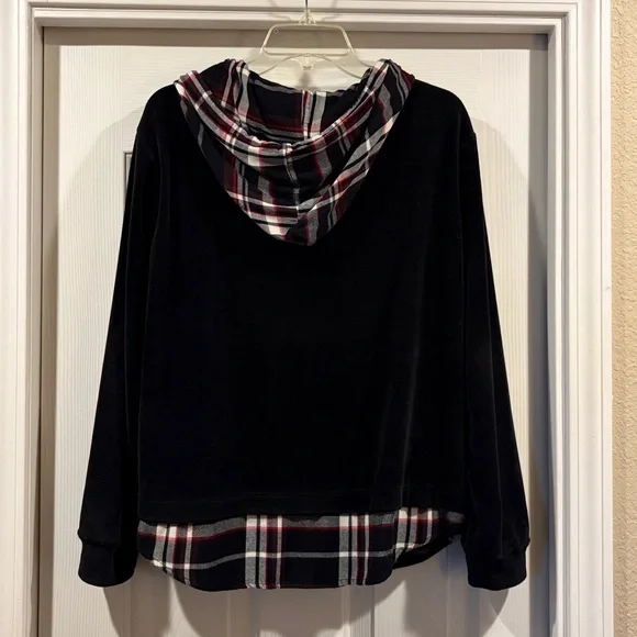 Sanctuary Black Hoodie with Plaid Accents soft velvet feel size L like new - Picture 5 of 6
